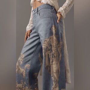 Anthropologie Blue Denim Wide-Leg Jeans with Beige Baroque Motif